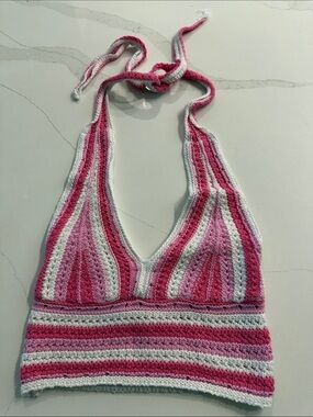 Hollister Pink & White Crochet Halter Top